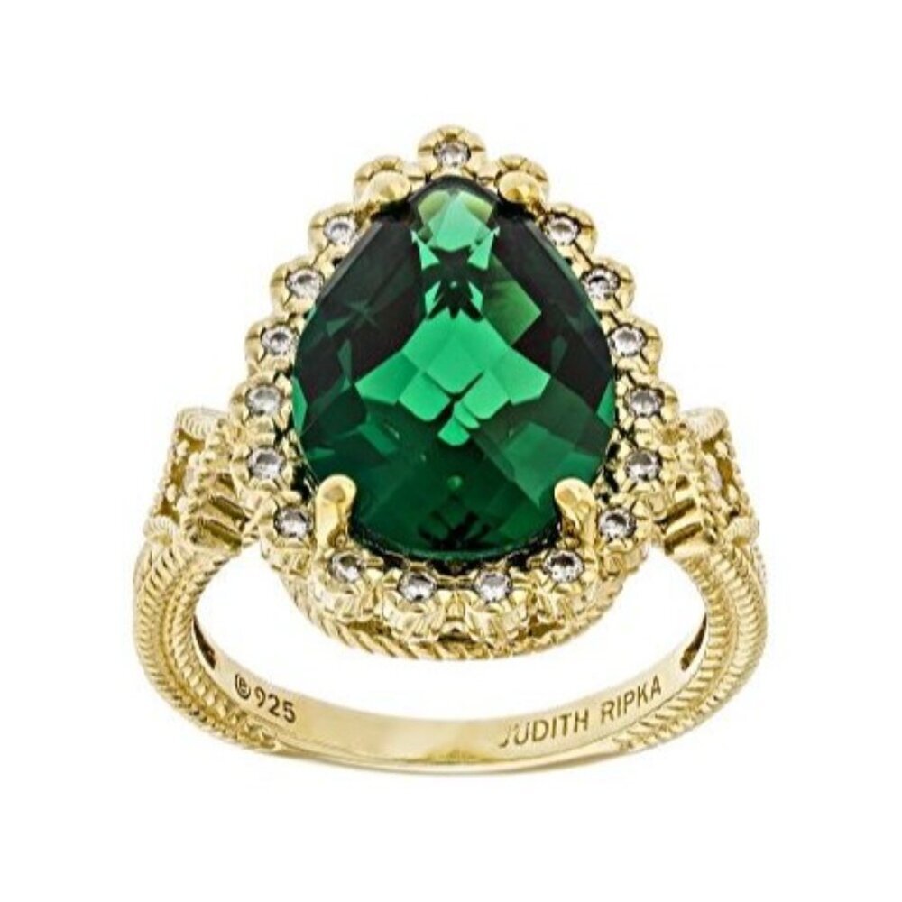 Judith Ripka 9.15CT 14K Gold Clad Sterling Silver Emerald Ring Size 9